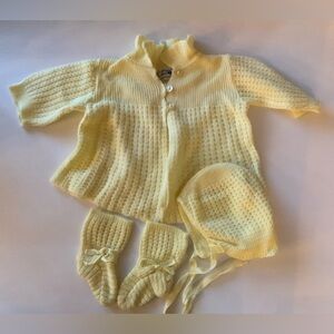 Vintage Yellow Knit Baby Cardigan, Bonnet, and Bootie Set